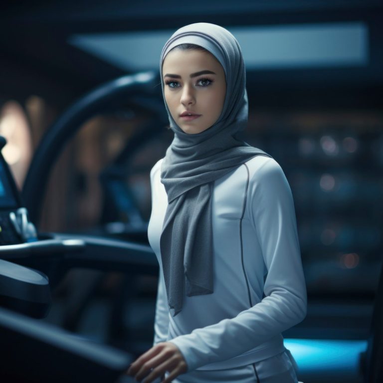 Femme en hijab, vêtue d'un haut clair, se tenant près d'un équipement de sport.