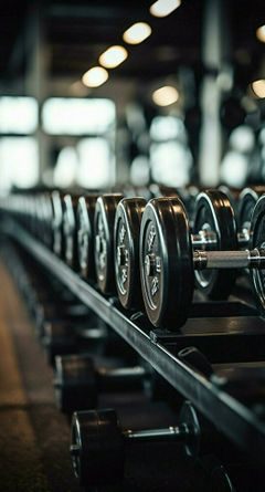 Haltères alignés sur un support dans une salle de sport.