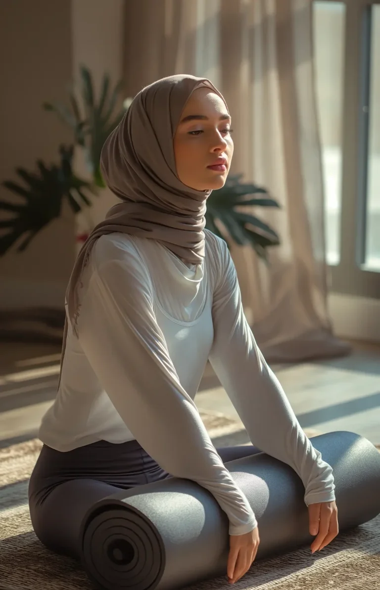 Femme en hijab méditant sur un tapis de gym, lumière douce filtrant à travers une fenêtre.