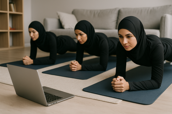 Des sportives musulmanes réalisent un coaching en groupe en ligne.