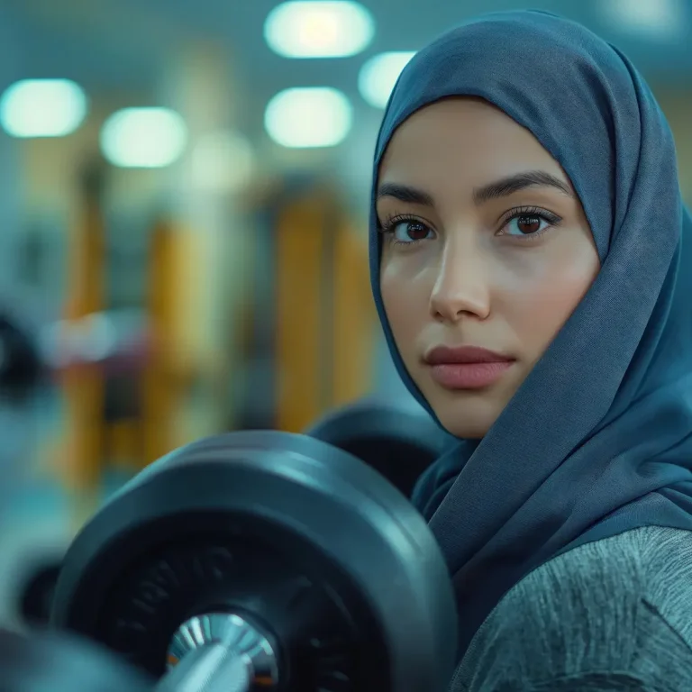 Femme en hijab, vêtue de sport, se tenant près d'un appareil de fitness.