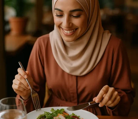 Femme souriante portant un hijab, savourant une assiette de salade.