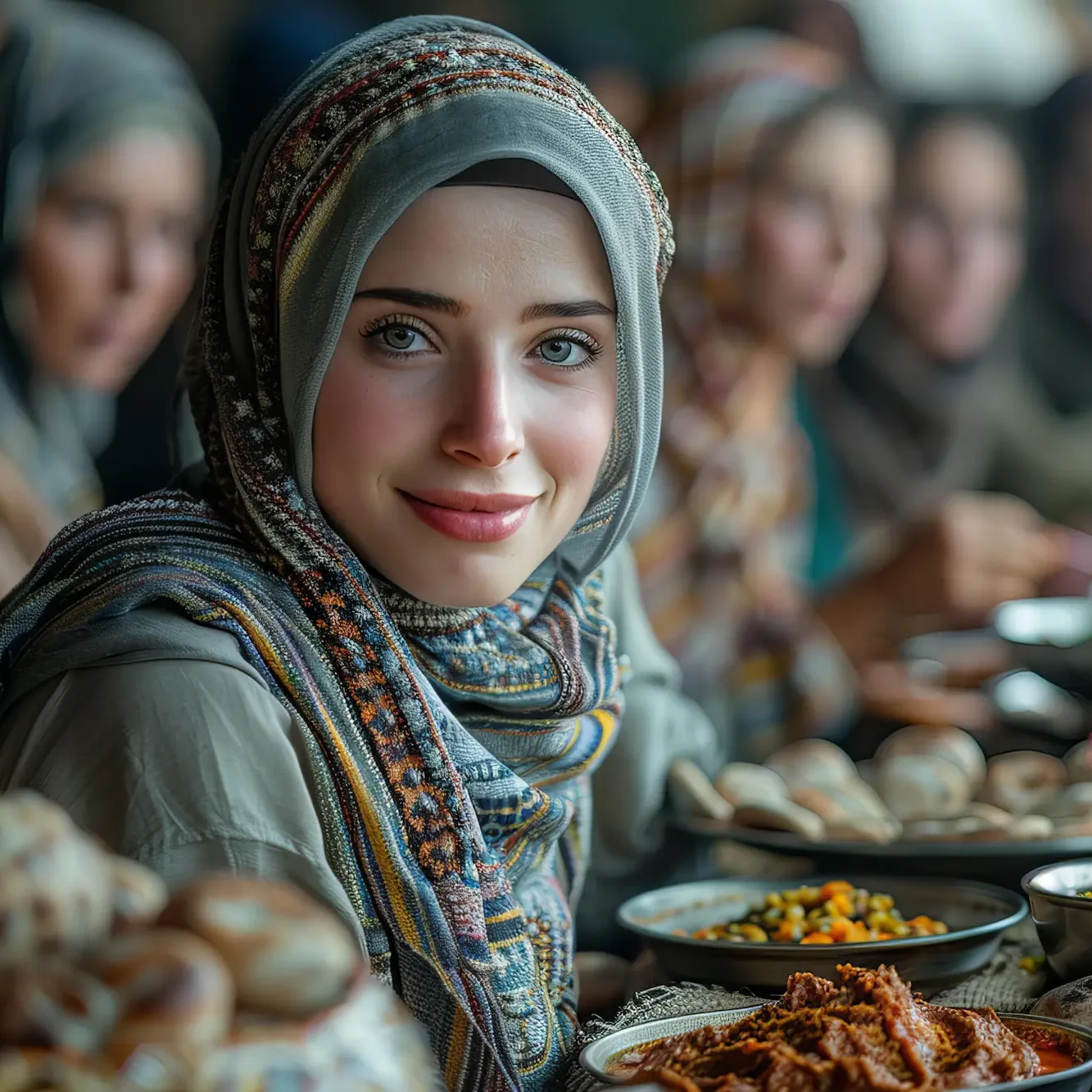 Femme souriante voilée, entourée de plats traditionnels et de personnes à table, bonne nutrition
