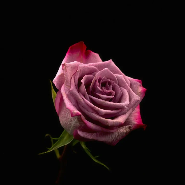 Rosa violet avec pétales aux nuances de rose, sur fond noir.