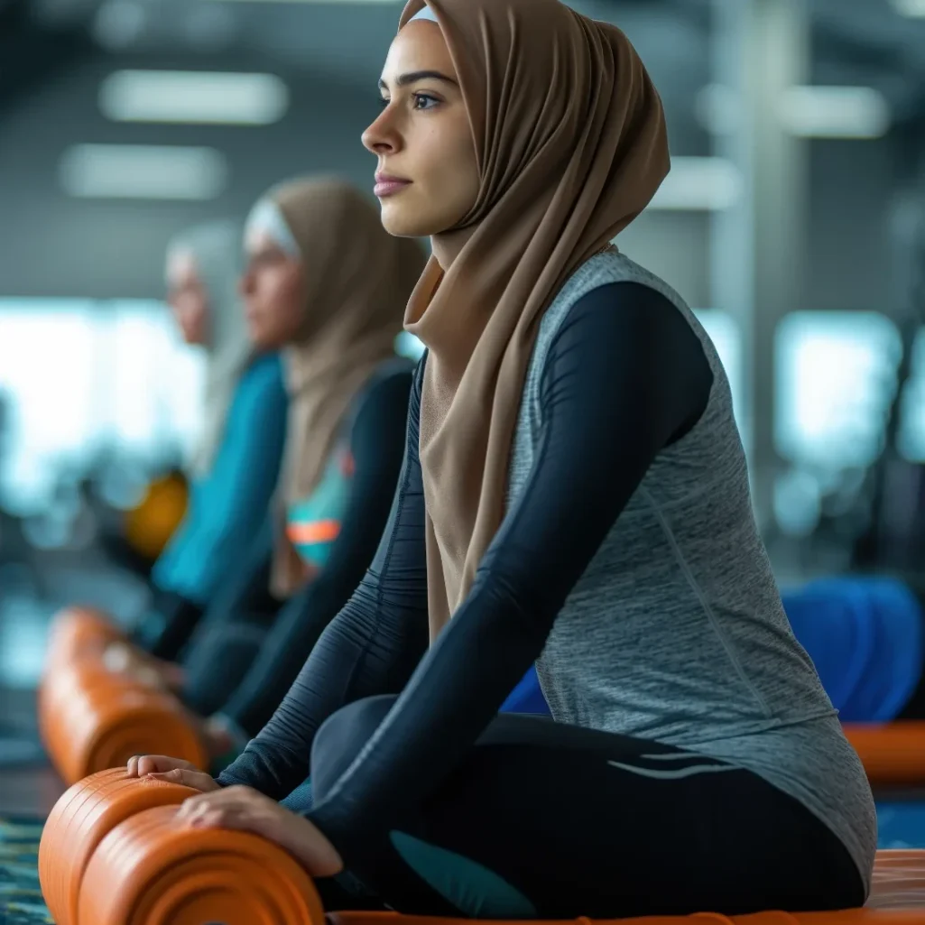 Femme en hijab, assise sur un tapis de gym, pratiquant des étirements fitness en groupe.