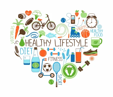 Cœur coloré composé d'icônes liées à un mode de vie sain : alimentation, sport, bien-être.