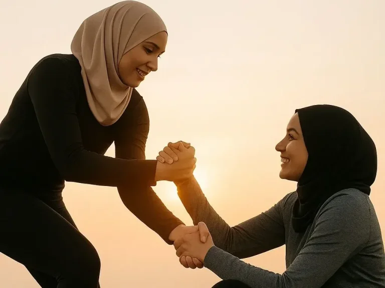 Deux femmes en hijab s'entraident mutuellement vers la meilleure version d'elles-mêmes.
