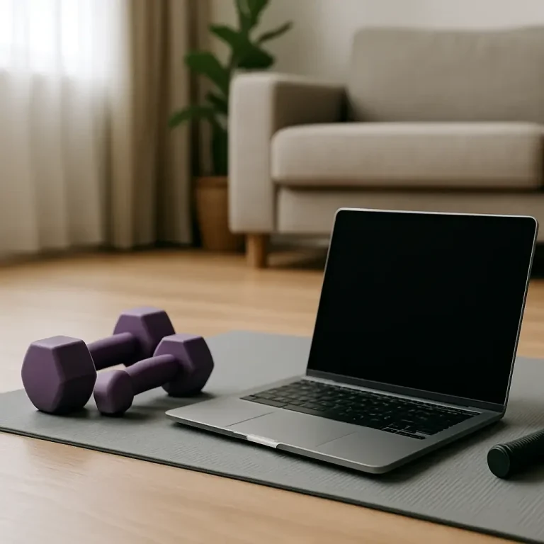 Ordinateur portable, tapis de gym et haltères pour du fitness en ligne.