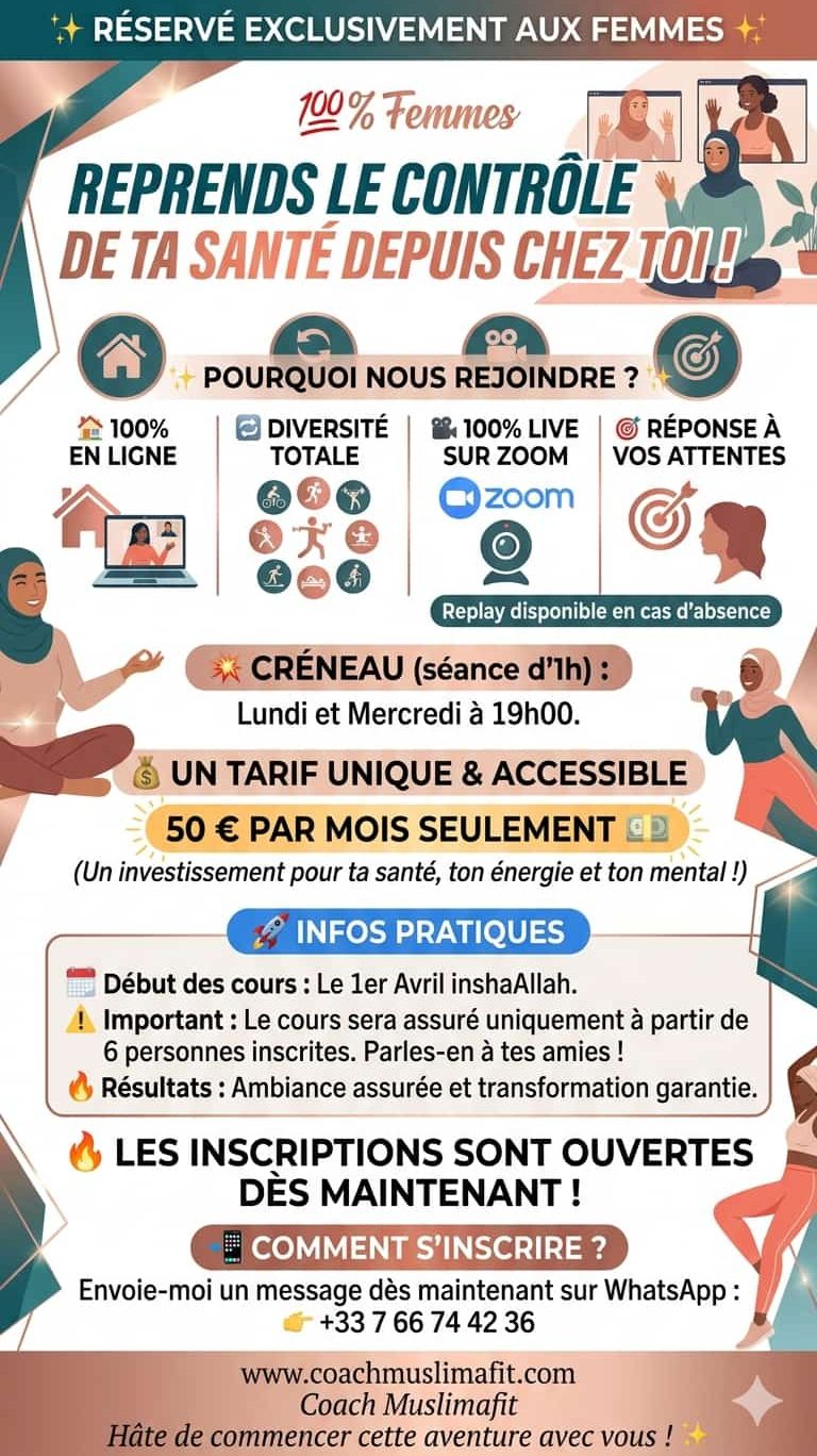 Affiche promotionnelle fitness en groupe et ligne le mardi et jeudi de 20h à 21h avec Muslima Fit
