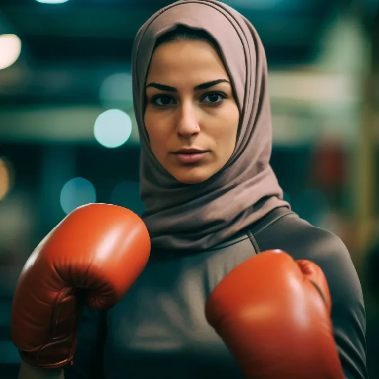 Femme boxeuse en gants rouges, portant un hijab, regard déterminé.