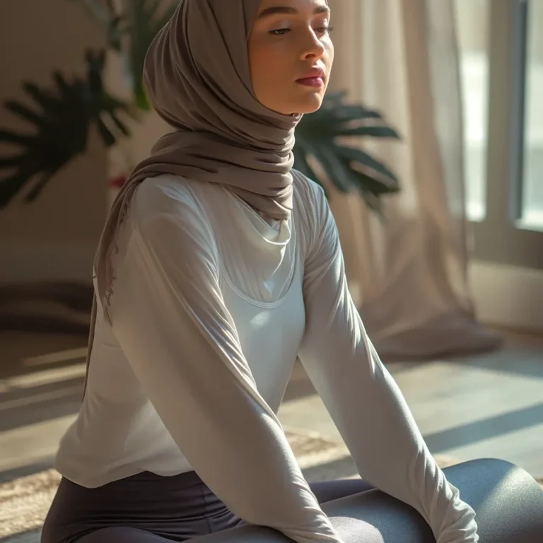 Femme en méditation, vêtue d'un hijab, assise dans un décor lumineux et apaisant.