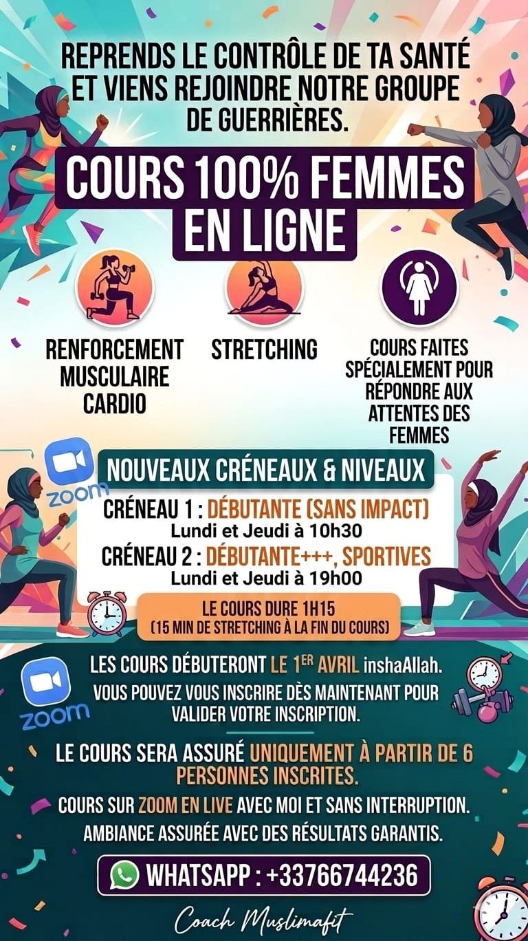 Affiche promotionnelle fitness en groupe et ligne le mardi et jeudi de 20h à 21h avec Muslima Fit