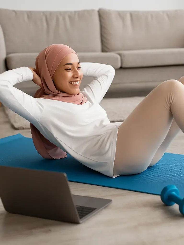 Femme en hijab effectuant des abdominaux sur un tapis de gym, ordinateur portable à côté pour son cours en ligne.