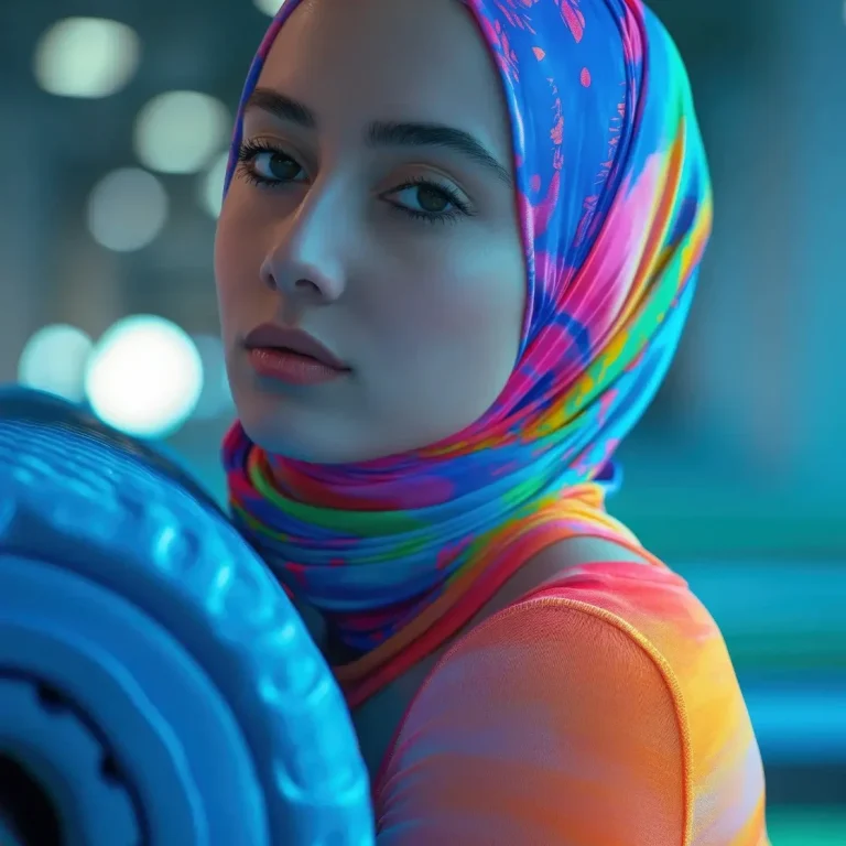 Jeune femme en hijab coloré, tenant un poids, regard sérieux.